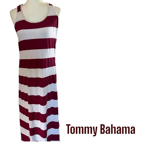 Tommy Bahama MaroonWhite Striped Maxi Dress Razor back Small Tall - Picture 1 of 5